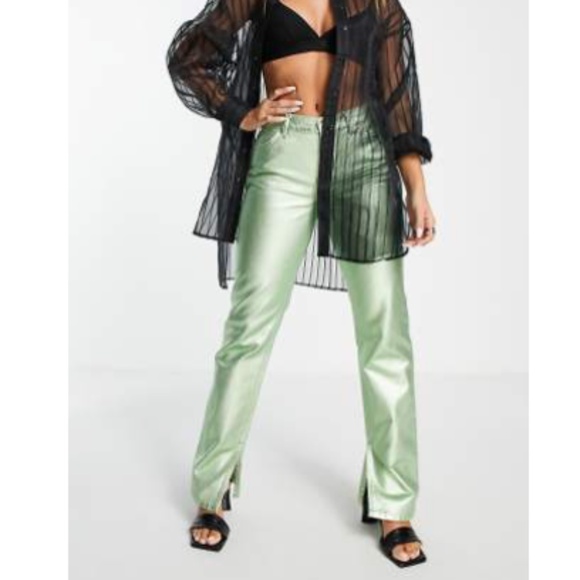 ASOS Design Mid Rise 90’s Straight leg metallic Green Jeans - Picture 6 of 14